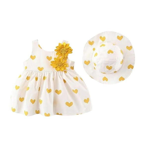 Rggeeun Toddler Baby Girl Tutu Dress Summer Flower Sleeveless Backless Princess Birthday Party Dresses Heart Pattern Dress With Hat Set Soft Casual O-Neck Sundress