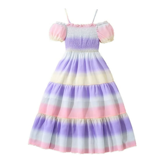 Rggeeun Toddler Big Girls Color Block Short Sleeve Dress Stylish Spring Summer Casual Wear With Fresh Design Fashionable O-Neck Sundress