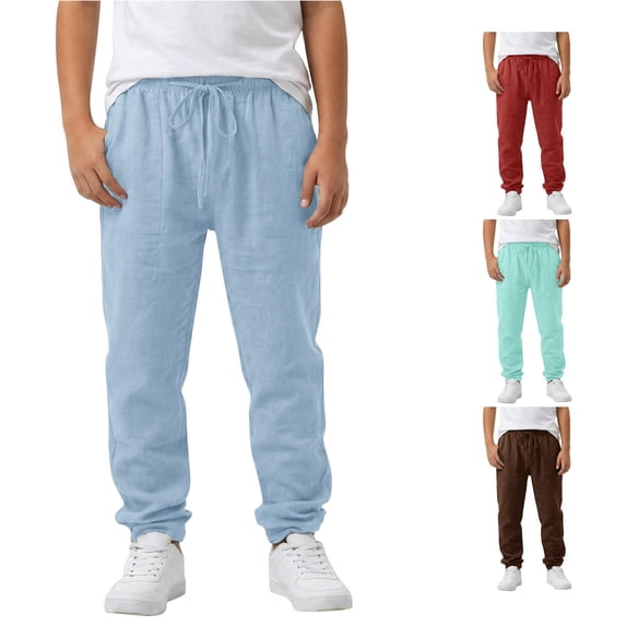 Rggeeun Toddler Boys Pants Elastic Waist Drawstring Side Pockets Wide Leg Loose Fit Solid Color Ankle Length For Summer Fall Evening Party Fashion Trousers,Blue,10-11 Years