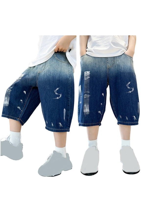 Toddler Boys Shorts Solid Color Distressed Wash Denim Patch Elastic Waist With Side Pockets Knee Length For Summer Everyday Use Versatile Bottoms,Blue,7-8 Years