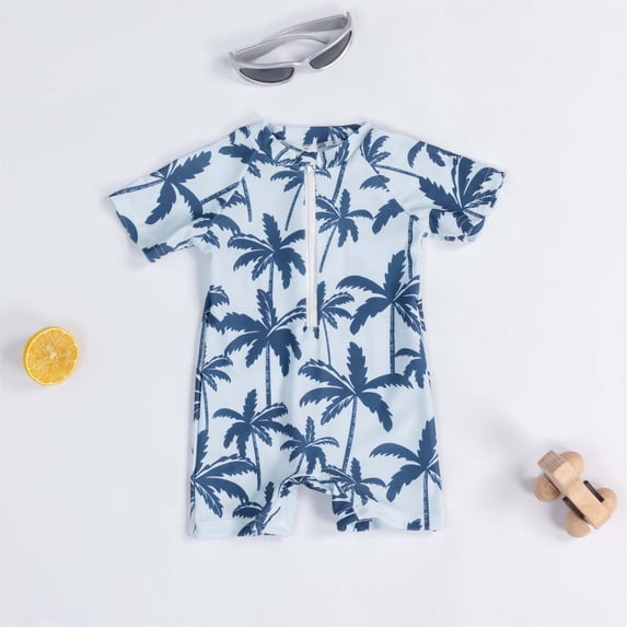 Rggeeun Toddler Boys Swimsuit Set 1Pc Coconut Tree Pattern Short Sleeve Crew Neck Front Zipper Elastic Above Knee for Summer Water Sports Versatile Swim Wear,Blue,2-3 Years