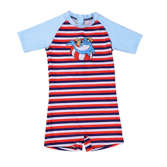 Rggeeun Toddler Boys Swimsuit Set 1Pc Cute Striped Pattern Short Sleeve Crew Neck Front Zipper Elastic Above Knee for Summer Resort Swimming Sweet Beachwear,Multicolor,9-10 Years