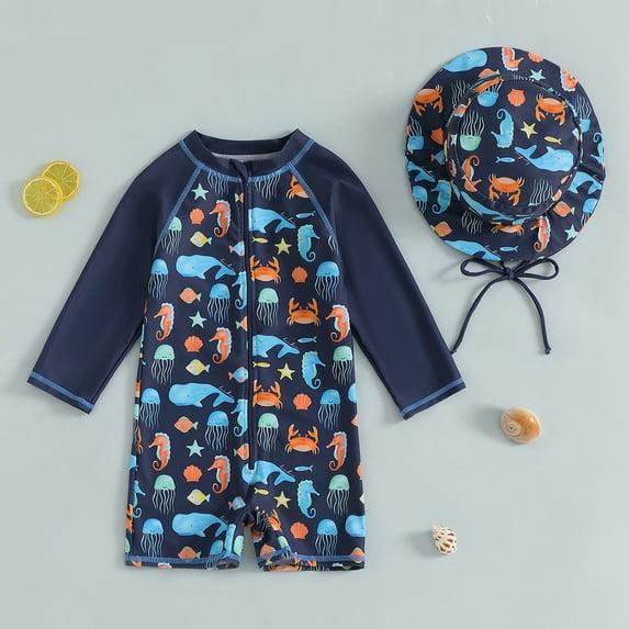 Rggeeun Toddler Boys Swimsuit Set 2Pc Colorful Cartoon Animal Pattern Long Sleeve Crew Neck Front Zipper Elastic Above Knee with Cover Up Hat for Summer Pool Party Versatile Swim Wear,Blue,6-7 Years