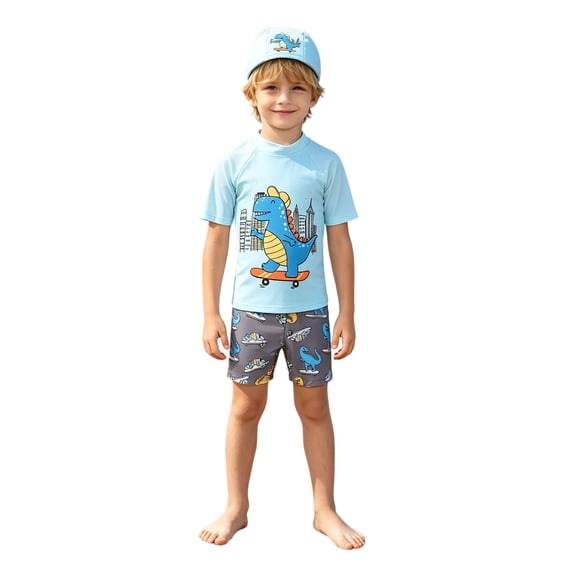 Rggeeun Toddler Boys Swimsuit Set 3Pc Cute Dinosaur Print Short Sleeve Crew Neck Top & Elastic Waist Above Knee Trunks with Hat for Summer Holiday Beach Comfort Beachwear,Multicolor,5-6 Years