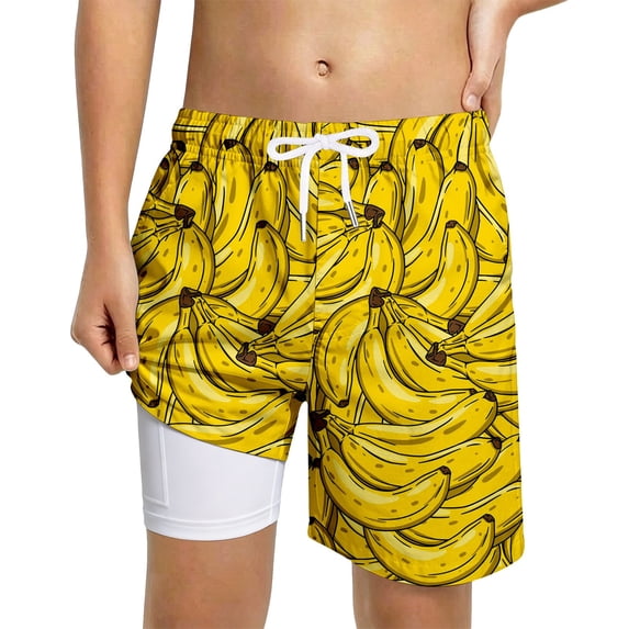 Rggeeun Toddler Boys Swimsuit Set Cartoon Fruit Pattern Double Layer Trunks Wide Leg Elastic Waist with Adjustable Tie Knee Length for Summer Splash Fun Sweet Beachwear,Multicolor,11-12 Years