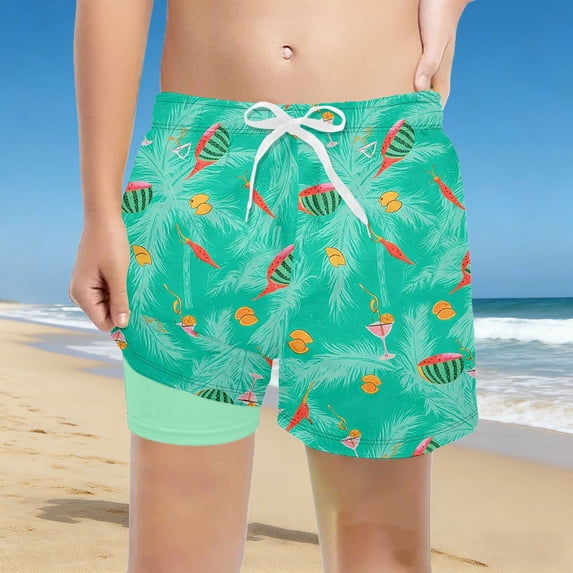 Rggeeun Toddler Boys Swimsuit Set Cute Watermelon & Coconut Tree Pattern for Summer Double Layer Elastic Waist with Adjustable Tie Wide Leg Water Activities Versatile Swim Wear,Green,7-8 Years
