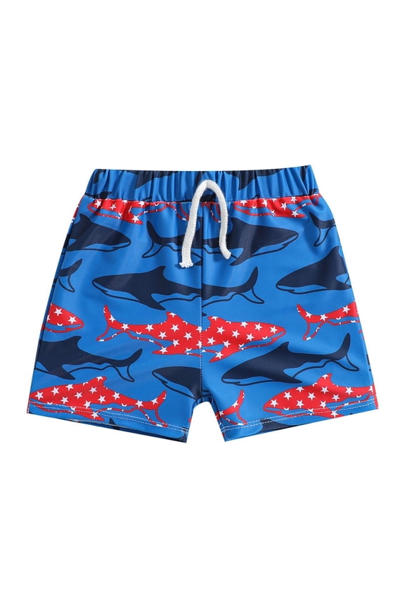 Toddler Boys Swimwear Cute Shark Pattern Swim Trunks With Drawstring Elastic Waist Loose Fit For Summer Beach Lounging Trendy Bathing Suit,Blue,12-18 Months