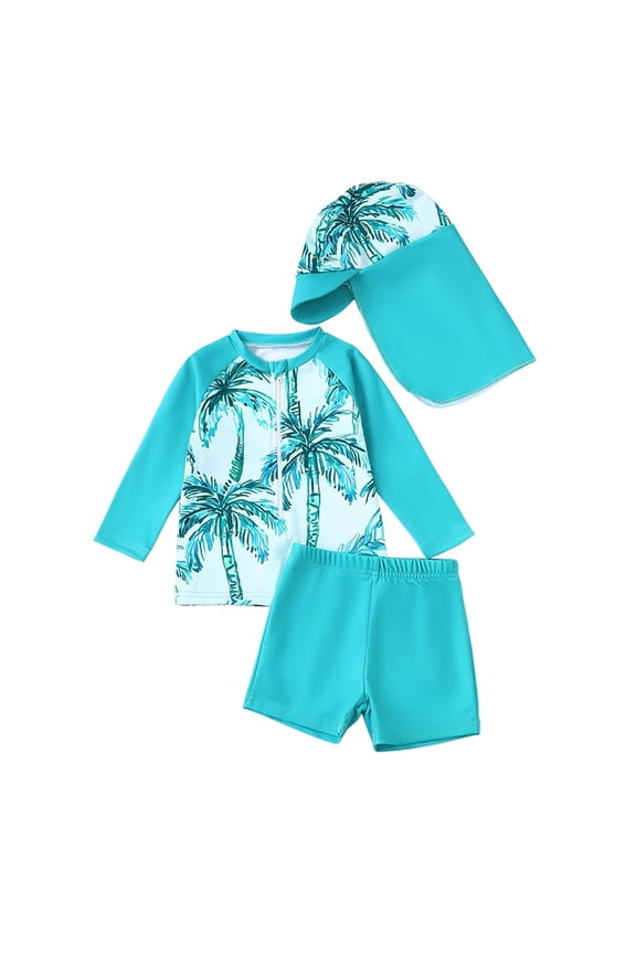 Toddler Boys Swimwear Set O-Neck Long Sleeve Coconut Printing Comfortable Top Trunks And Hat For Pool Beach Summer Outdoor Activities ,Sky Blue,6-12 Months