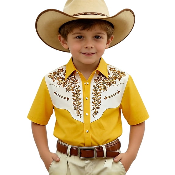 Rggeeun Toddler Boys T-Shirts Denim Woven Short Sleeve Lapel Collar Casual Printed Style Top With Buttons Versatile Tops,Yellow,3-4 Years