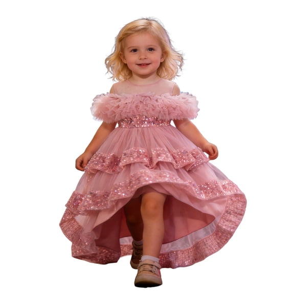 Rggeeun Toddler Dress With Layered Ruffles And Detachable Train For Girls Classic Casual O-Neck Sundress