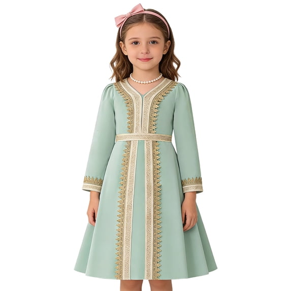 Rggeeun Toddler Elegant Girls Long Sleeve Embroidered Satin Robe Dress With Embroidery Details For Classic Casual O-Neck Sundress