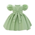 thumbnail image 1 of Rggeeun Toddler Elegant Satin Bow Dress For Baby Girls Puff Sleeve Birthday Party Gown Boho Casual O-Neck Sundress, 1 of 3