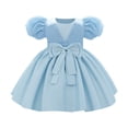 thumbnail image 1 of Rggeeun Toddler Elegant Satin Bow Dress For Baby Girls Puff Sleeve Birthday Party Gown Cute Casual O-Neck Sundress, 1 of 3
