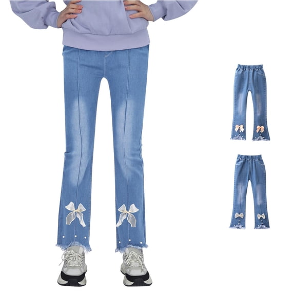 Rggeeun Toddler Girl Pants Washed Denim Jeans Front Seam Bow Side Pockets Loose Fit Straight Leg Mid Waist Ankle Length Party Stylish Trousers,White,8-9 Years