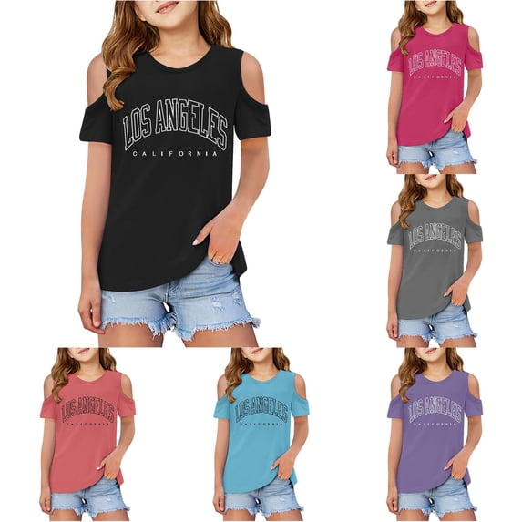 Rggeeun Toddler Girl'S Blouse Cute Text Print Cold Shoulder Summer Short Sleeve Crew Neck Soft Lightweight Loose Fit for Party Casual Tops,Black,11-12 Years