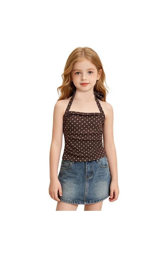 Toddler Girl'S Blouses Cute Dots Pattern Backless Halter Spaghetti Strap Camisole Bowknot Slim Fit Lightweight for Summer Evening Party Adorable Tops,Black,10-11 Years