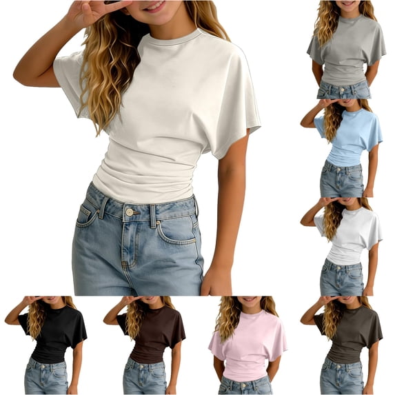 Rggeeun Toddler Girl'S Blouses Solid Color Batwing Short Sleeve Side Ruched Loose Crew Neck Fitted Waist Relaxed Fit for Summer Outdoor Running Leisure Tops,Beige,11-12 Years