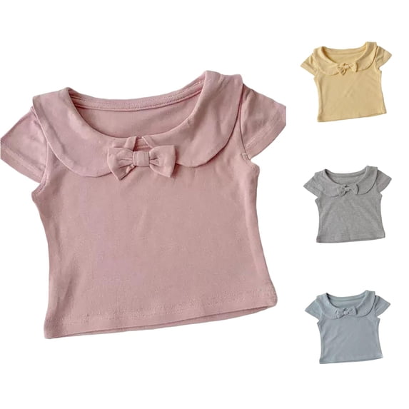 Rggeeun Toddler Girl'S Blouses Solid Color Fly Sleeve Crew Neck Front Bow Trim Cropped Knit Elastic Lightweight for Summer Evening Party Versatile Tops,Pink,5-6 Years
