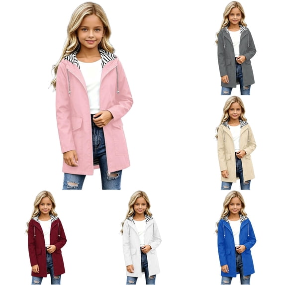 Rggeeun Toddler Girl'S Blouses Solid Color Hooded Long Sleeve with Adjustable Drawstring Zip-Up Cardigan Striped Lining Jacket for Fall Outdoor Adorable Tops,Pink,7-8 Years