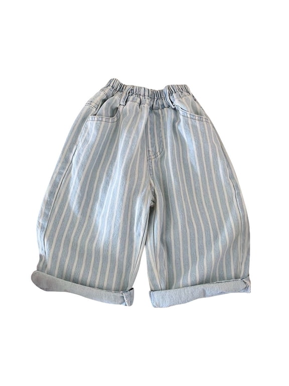 Toddler Girl Summer Pants Cute Striped Pattern Elastic High Waist Turn-Up Hem Wide Leg Loose Breathable Pockets Knee Length For Party Cool Trousers,Blue,3-4 Years