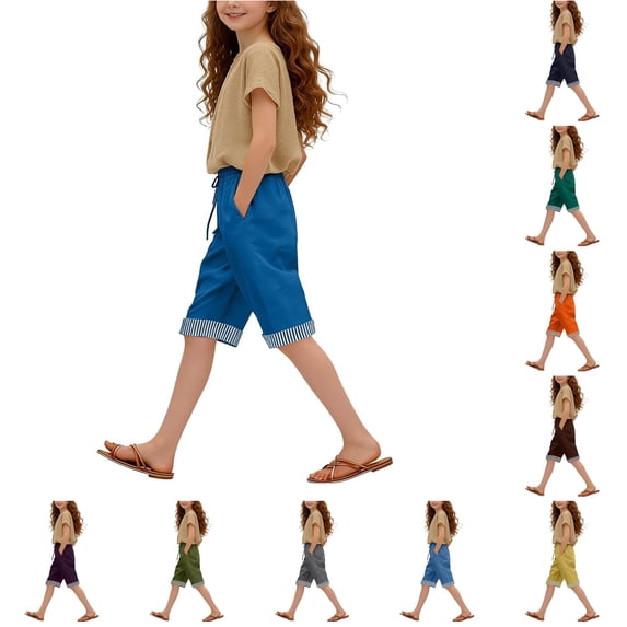 Rggeeun Toddler Girl's Summer Pants Elastic Waist With Drawstring & Pockets Solid Color Relaxed Fit Wide Leg Smooth Turn-Up Hem Knee Length For Athletic Training Trendy Trousers,Blue,5-6 Years