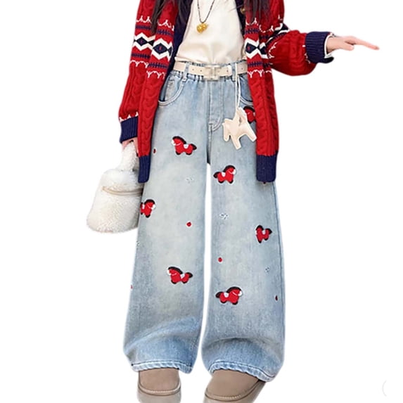 Rggeeun Toddler Girl's Wide Leg Pants Elastic Waist Relaxed Fit Side Pockets Cute Cartoon Print Washed Denim Ankle Length Lightweight For Streetwear Comfort Trousers,Blue,9-10 Years