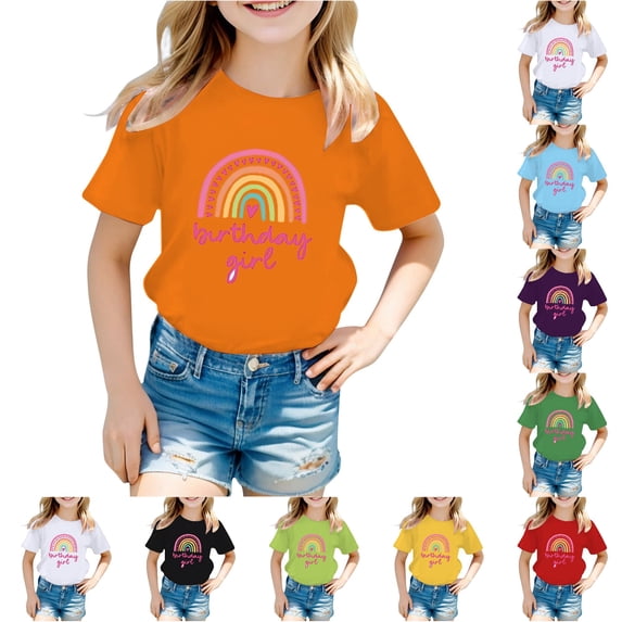 Rggeeun Toddler Girls Blouses Cute Colorful Rainbow Pattern Birthday Themed Short Sleeve Crew Neck Breathable Soft Relaxed Fit for Summer Play Sports Adorable Tops,Orange,13-14 Years