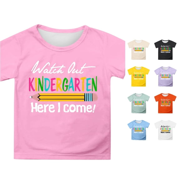 Rggeeun Toddler Girls Blouses Cute Colorful Text Print Pencil Pattern Kindergarten Themed Short Sleeve Crew Neck Soft Plus Size Loose Fit for Summer Vacation Casual Tops,Pink,5-6 Years