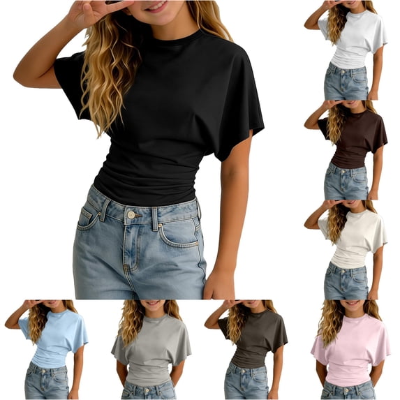 Rggeeun Toddler Girls Blouses Solid Color Batwing Short Sleeve Side Ruched Loose Crew Neck Fitted Waist Relaxed Fit for Summer Vacation Versatile Tops,Black,11-12 Years