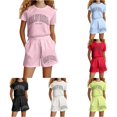 thumbnail image 1 of Rggeeun Toddler Girls Clothes Sets Letter Print Short Sleeve Crew Neck Top & Elastic Waist Wide Leg with Side Pockets and Adjustable Tie Shorts for Summer Beach Play Adorable Wear,Yellow,5-6 Years, 1 of 4
