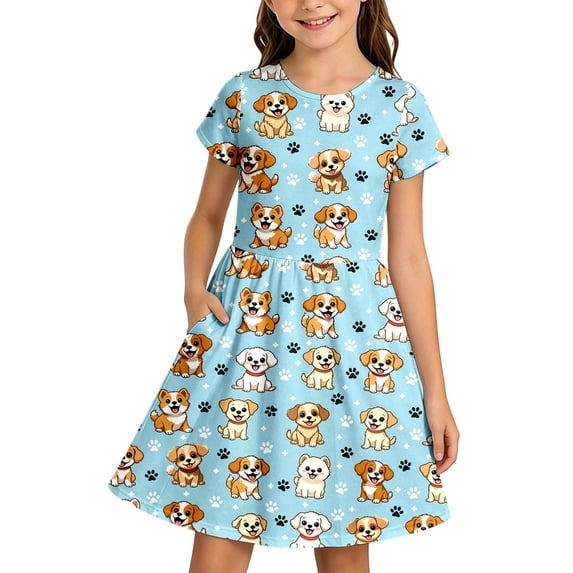 Rggeeun Toddler Girls Dress Cartoon Animal Print Short Sleeve Crew Neck A Line Flowy Loose with Ruched Ruffle Knee Length for Summer Playground Delicate Sundress,Blue,13-14 Years