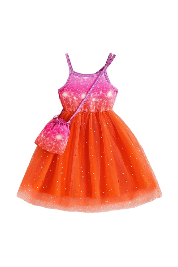 Toddler Girls Dress Cartoon Cute Color Block Design Halter Thin Straps Square Neck Smocked Frock Knee-Length With Pleated Tulle Ruffle Trim For Playground Trendy Wear,Orange,110/5Y