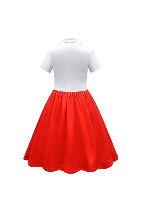 Toddler Girls Dress Cartoon Pattern Short Sleeve Collar Ankle-Length With Henley Buttons & Ruffle Trim For Office Cozy Wear,Red,5-6 Years