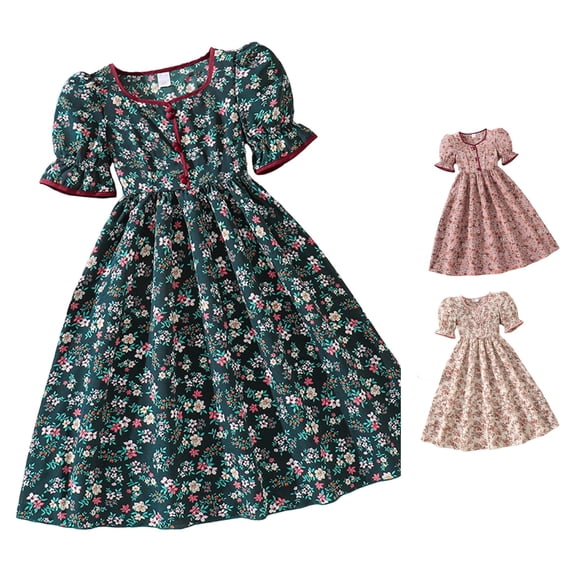 Rggeeun Toddler Girls Dress Cute Floral Pattern A Line Short Sleeve Square Neck Front Buttons Ankle Length Wide Ruffle with Waist Shirring for Summer School Activities Soft Sundress,Green,11-12 Years