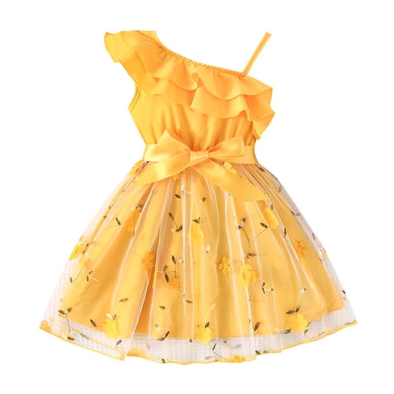 Rggeeun Toddler Girls Dress One Shoulder Formal Ruffle Trim Birthday Party Mesh Dresses Relaxed Fit Casual Sundress