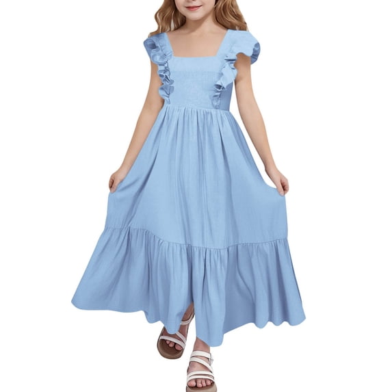 Rggeeun Toddler Girls Dress Solid Color Ankle-Length A-Line Ruffled Short Sleeve Square Neck Soft Fabric With Flowing Ruffles For School Activities Top,Blue,6-7 Years