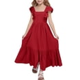 thumbnail image 1 of Rggeeun Toddler Girls Dress Solid Color Ankle-Length A-Line Ruffled Short Sleeve Square Neck Soft Fabric With Flowing Ruffles For Travel Party Versatile Top,Red,6-7 Years, 1 of 5