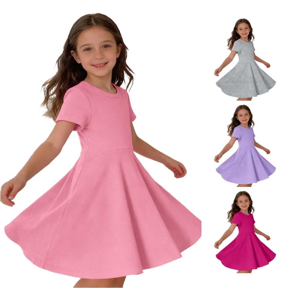 Rggeeun Toddler Girls Dress Solid Color Short Sleeve Crew Neck A Line Knee Length with Waist Draping Ruffle for Summer Everyday Wear Adorable Sundress,Pink,3-4 Years