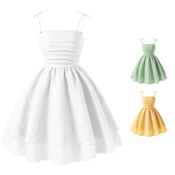 Rggeeun Toddler Girls Dress Solid Color Spaghetti Strap with Bowknot Waist Shirring Flowy Large Pleated Ruffle Ankle Length for Summer School Activities Sweet Sundress,White,9 Years