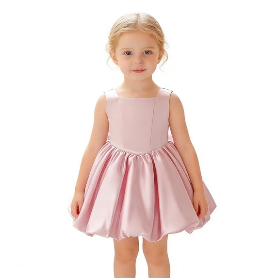 Rggeeun Toddler Girls Dress Solid Color Wide Straps Knee-Length Cotton Blend With Ruched Ruffle Trim For School Activities Versatile Top,Pink,18-24 Months