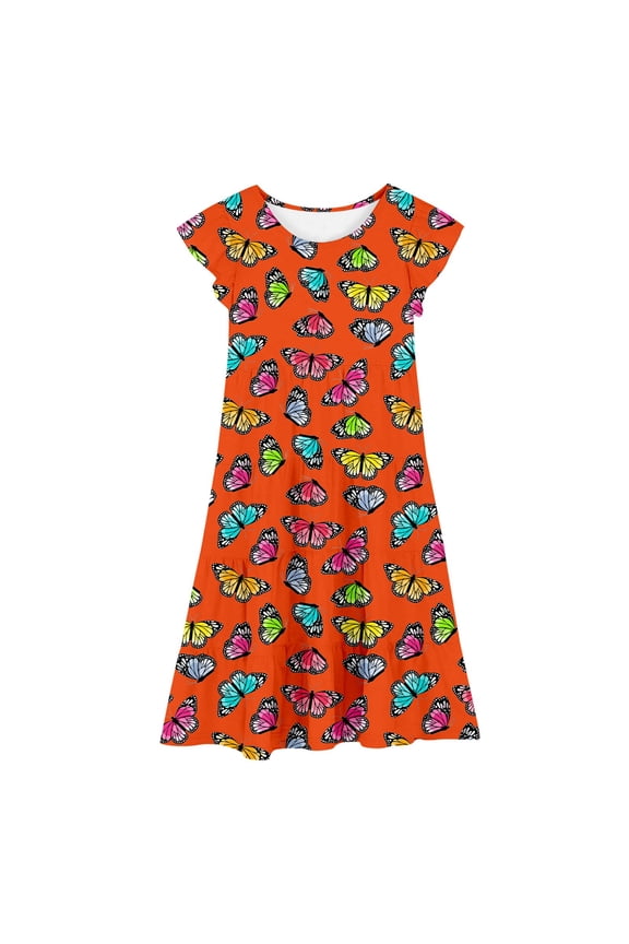 Toddler Girls Dresses Casual Party Flutter Sleeve Colorful Print Tiered Dress For Kids Comfortable Stretchy Waist Spring Summer Fall Dresses Cute O-Neck Sundress