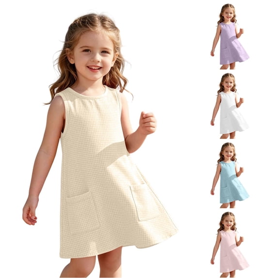 Rggeeun Toddler Girls Dresses Cute Plaid Pattern Loose Sleeveless Crew Neck Flowy Breathable with Side Pockets Above Knee for Summer Play Sports Classic Playwear,Yellow,4-5 Years