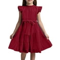 thumbnail image 1 of Rggeeun Toddler Girls Dresses Ruffle Sleeves Summer O-Neck Chiffon Plain Children Elegant A-Line Party Dress Kids Festive Dress With Belt Versatile Casual Sundress, 1 of 5
