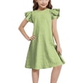 thumbnail image 1 of Rggeeun Toddler Girls Dresses Solid Color Smocked Fly Sleeve Crew Neck Ribbed Knee Length A Line Relaxed Fit With Pleated Ruffle For Beach Lounging Cozy Playwear,Green,10-11 Years, 1 of 4