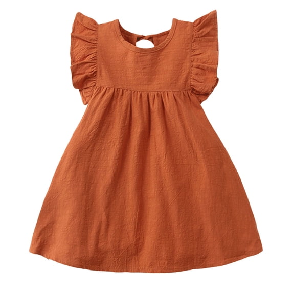 Rggeeun Toddler Girls Dresses Solid Color Smocked Short Sleeve Crew Neck Hollow Back Knee Length With Pleated Ruffle For Evening Party Classic Playwear,Brown,2-3 Years