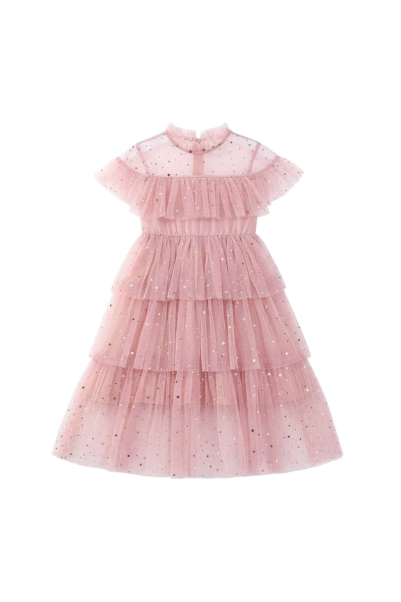 Toddler Girls Fly Sleeve Star Moon Sequin Dress Dance Party Ruffles Dresses Clothes Holiday Casual O-Neck Sundress