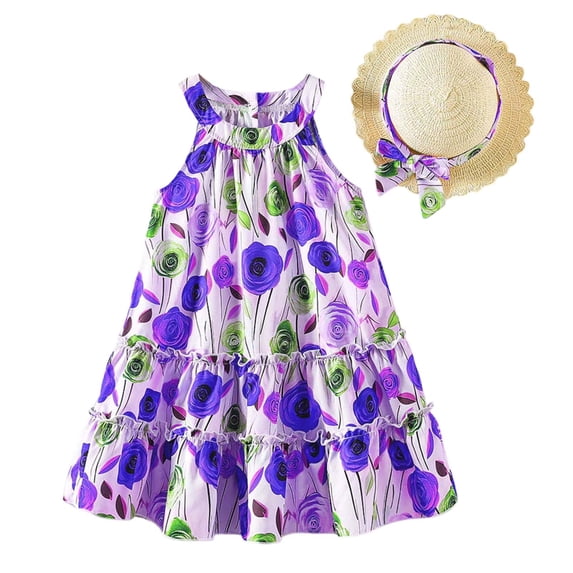 Rggeeun Toddler Girls Neck Patchwork Dress With Detachable Hat & Hairband Flowy Ruffle Hem Casual Summer Dresses Relaxed Fit Sundress
