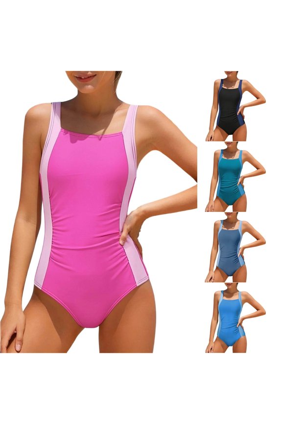 Toddler Girls One-Piece Solid Color Wide Straps Square Neck U-Back Elastic for Summer Splash Fun Lovely Bathing Suit,Pink,11-12 Years