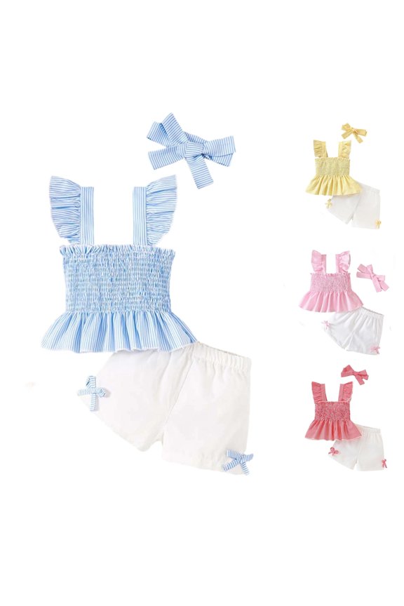 Toddler Girls Outfit Sets 3Pc Cotton Linen Wide Strap with Pleated Ruffle Top & Elastic Waist Side Bowknot Trim Shorts and Hairband for Summer Play Sports Comfort Wear,Blue,6-7 Years