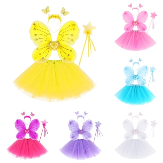 Rggeeun Toddler Girls Outfit Sets Solid Color Cute Butterfly Wings & A Line Pleated Stars Sequins Skirt with Hairband and Tassels Wand for Summer Everyday Wear Cozy Wear,Yellow,3-10 Years